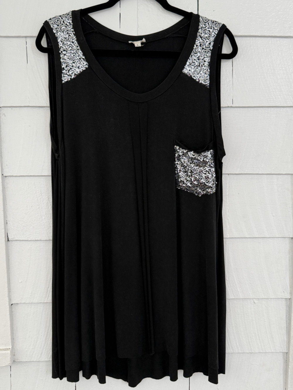 POL Women L Silver Sequin Detail Dress Boho Glam Flowy Tunic Feminine Chic Comfy